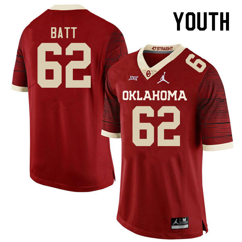 Youth #62 Drew Batt Oklahoma Sooners College Football Jerseys Stitched Sale-Retro